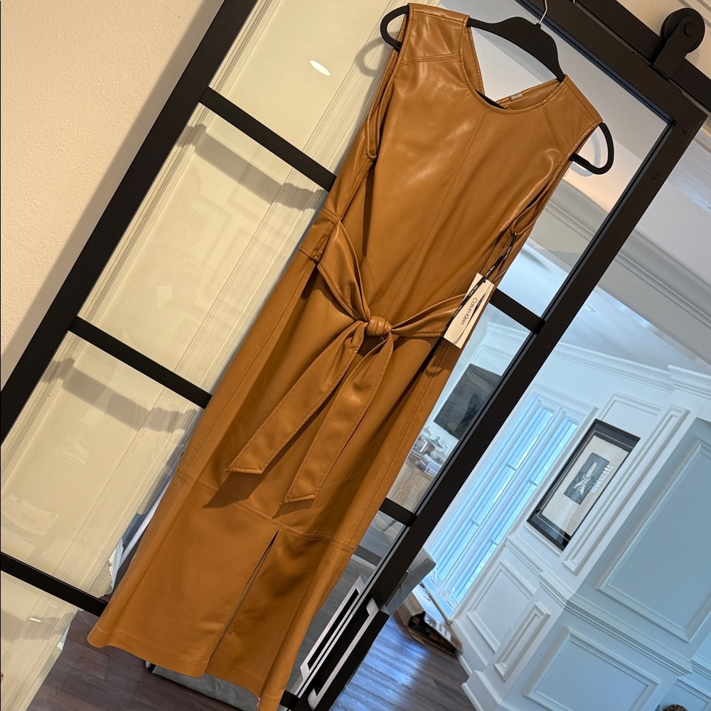 Calvin Klein Tan / Camel Midi Dress Faux Leather
